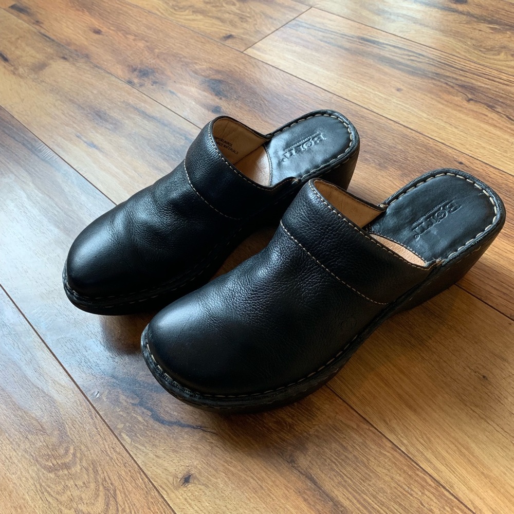 Black Leather Born Clogs